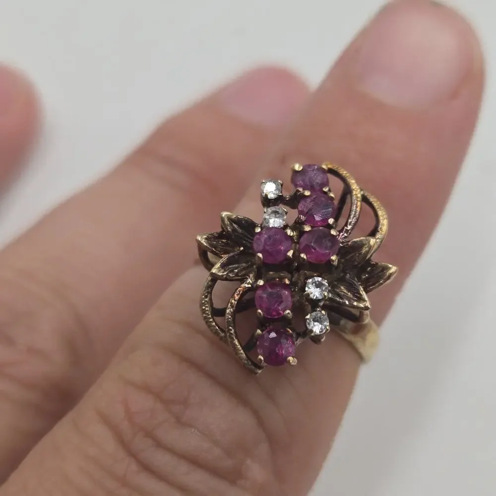 Vintage 14k HGE Purple Red Clear Stone Cocktail Multi Layer Ring Sz 7.75 Glam